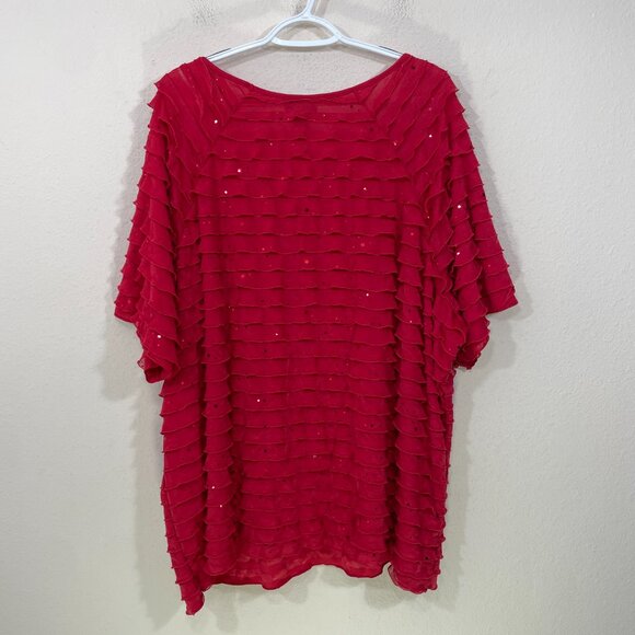 Maggie Barnes for Catherines Size 3X  Blouse  Ruffle Layered Red Shimmer Holiday - Picture 2 of 6